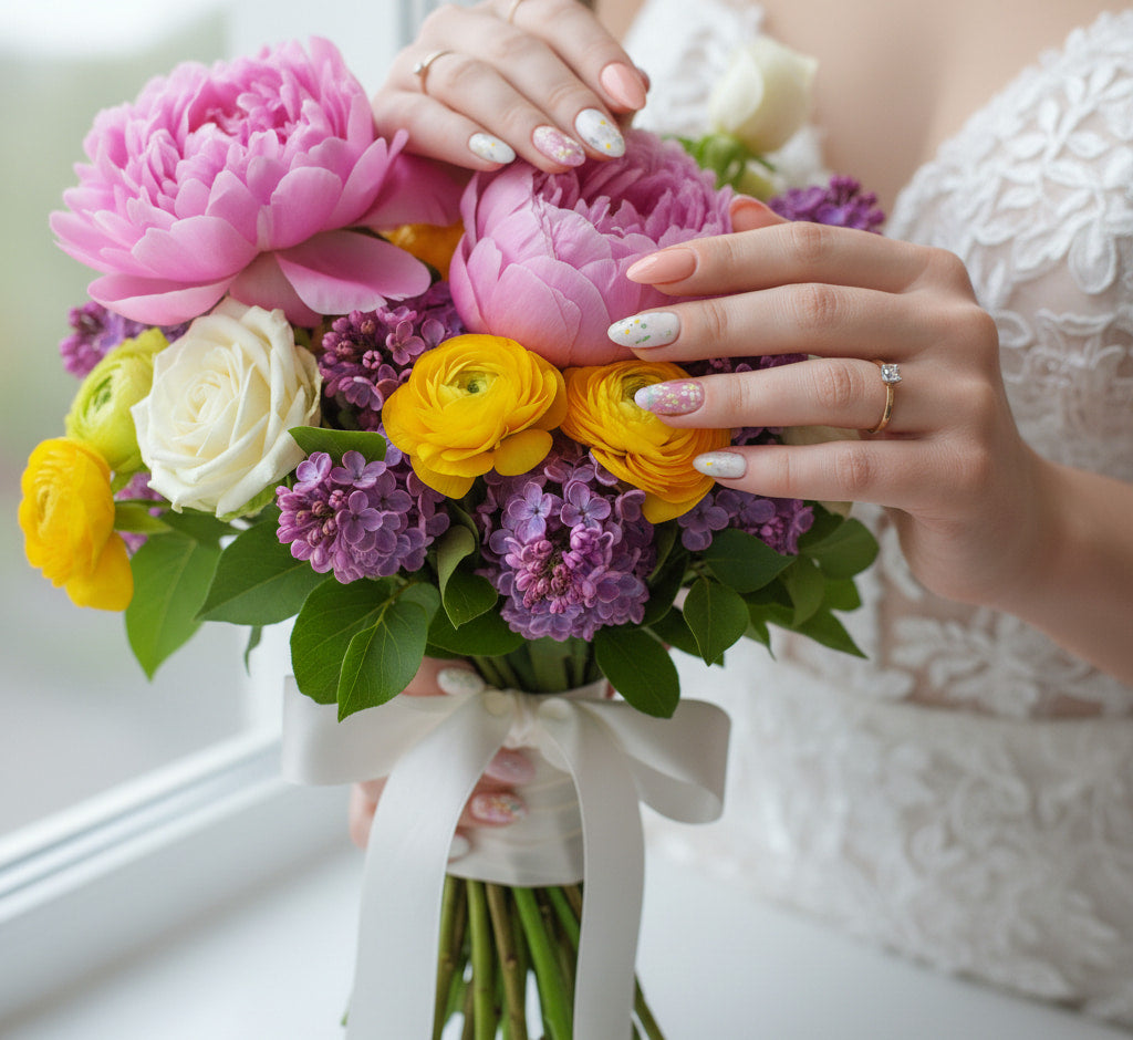 a bride's hands, wearing a white luxury wedding dress, with perfectly Qeera Nails reusable fake nails in pastel spring colors