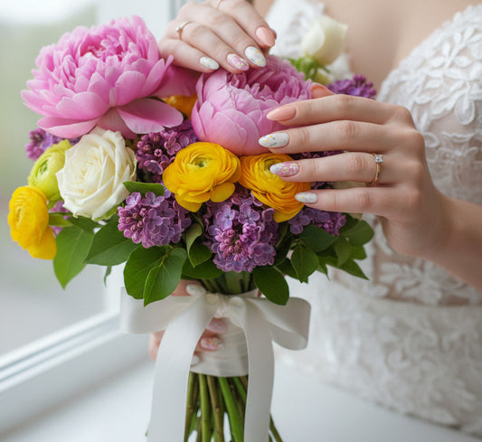 a bride's hands, wearing a white luxury wedding dress, with perfectly Qeera Nails reusable fake nails in pastel spring colors