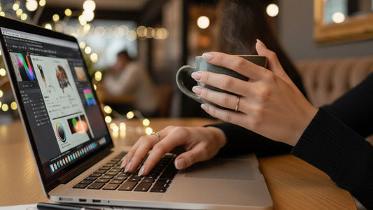 Femme élégante tenant un café et travaillant sur un ordinateur portable, mettant en avant ses faux ongles stylisés et soignés – Qeera Nails