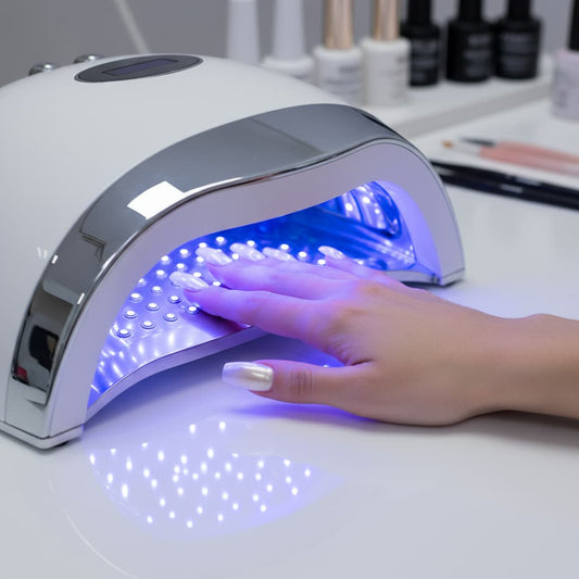 Main sous lampe UV pour vernis semi-permanent, technique désormais controversée en raison de l’interdiction du TPO en Europe