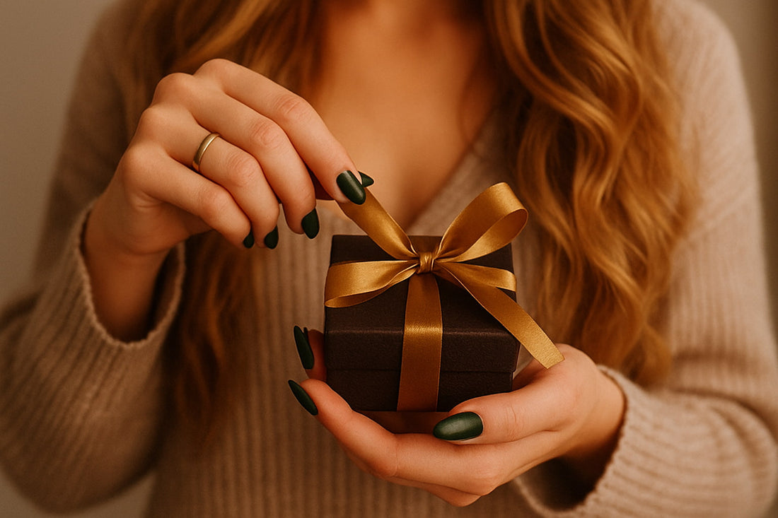 Femme élégante aux cheveux longs portant des faux ongles Qeera Nails, tenant un petit coffret cadeau marron avec un ruban doré dans une ambiance chaleureuse et raffinée.