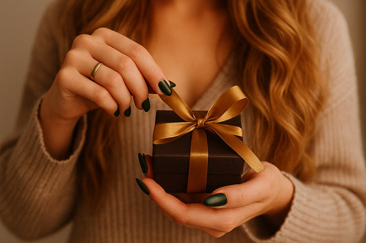 Femme élégante aux cheveux longs portant des faux ongles Qeera Nails, tenant un petit coffret cadeau marron avec un ruban doré dans une ambiance chaleureuse et raffinée.
